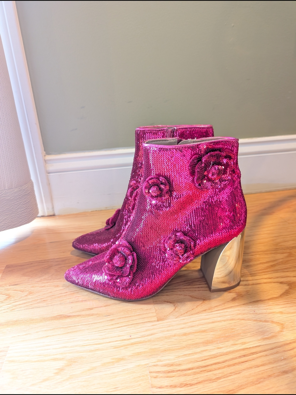 Betsey Johnson Hot Pink Sequin Floral Ankle Boots - Picture 2 of 4